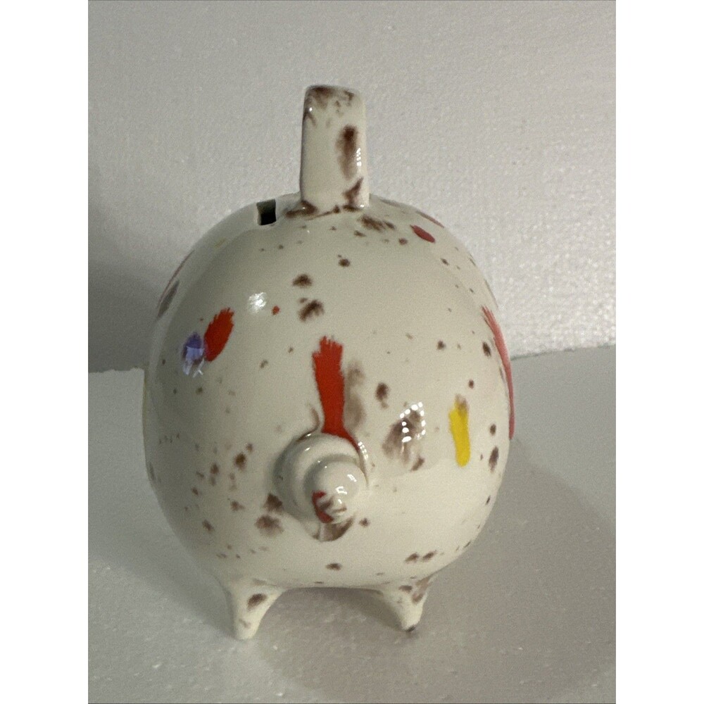 Vintage Ceramic Piggy Bank Coin Splatter Drip Glaze Red, Yellow Cream 1970s - Picture 6 of 9